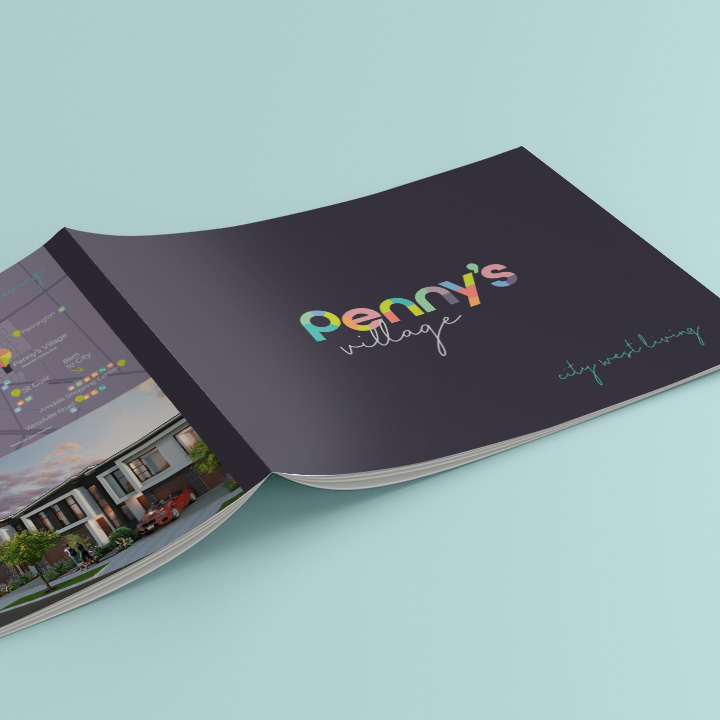 Front cover design of sales brochure for Penny's Village.