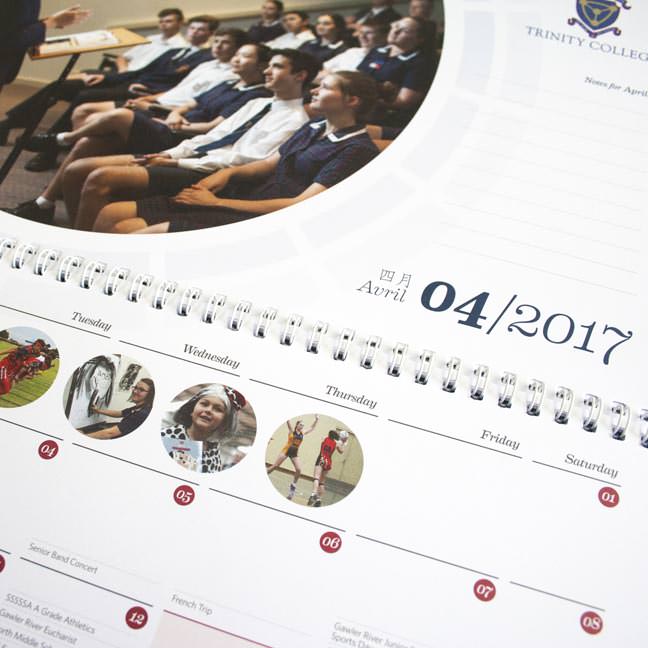 Close up detail of the Trinity College 2017 calendar pages.