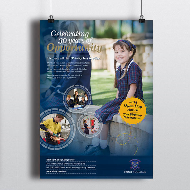 Poster design for Trinity College "Celebrating 30 years of Opportunity".