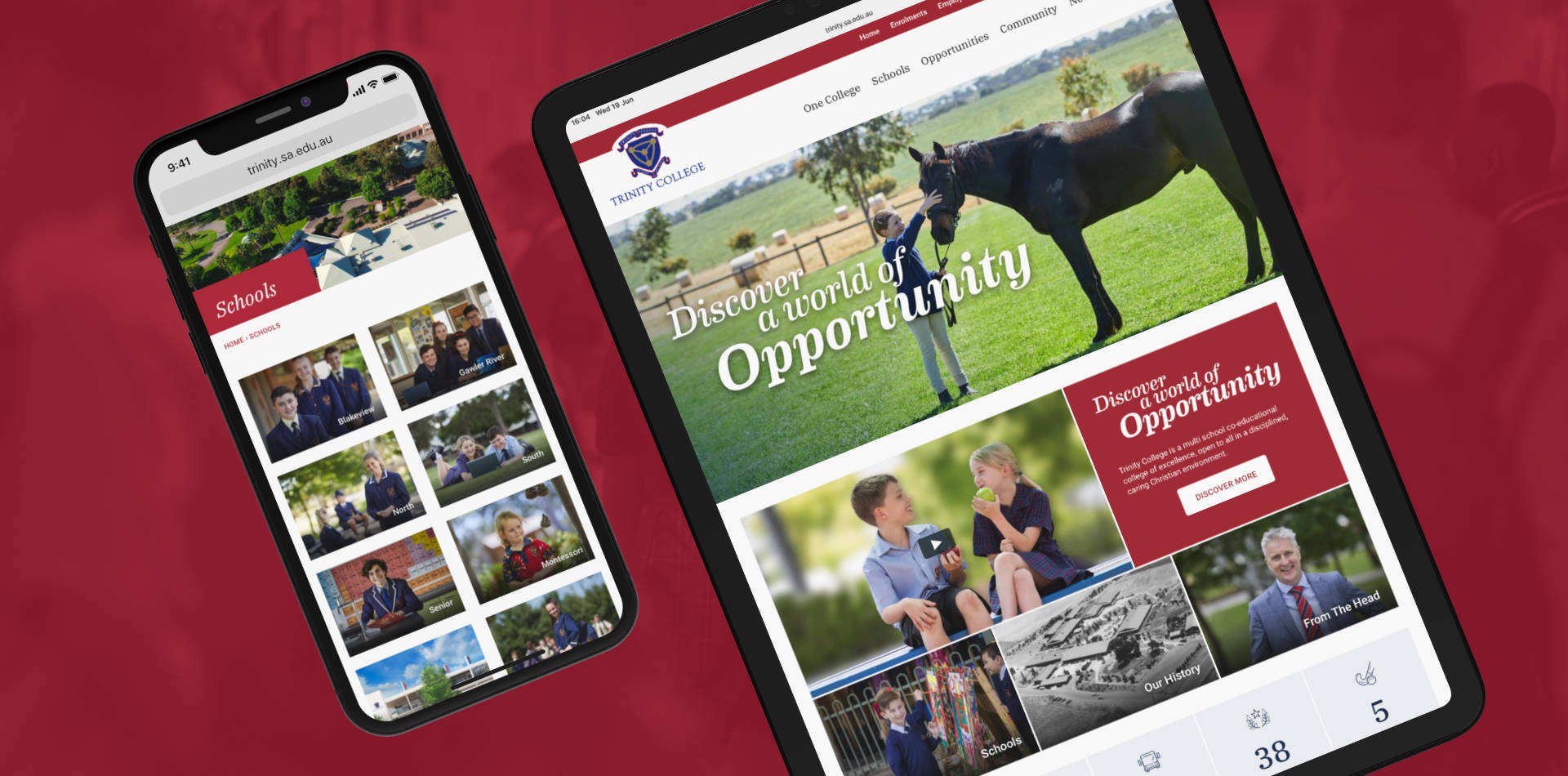 Trinity College responsive website displayed on a tablet and phone.