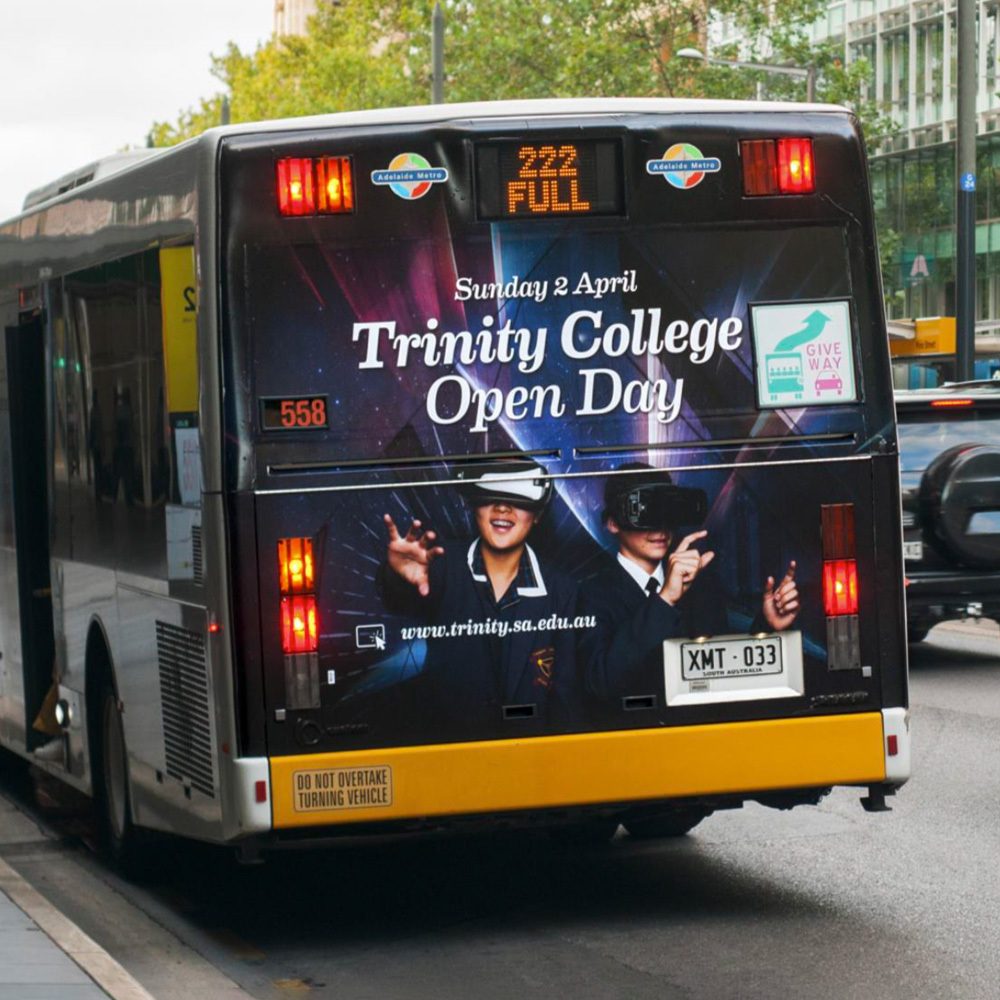 Bus back advertising design adelaide graphic - Trinity College
